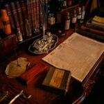 本や手書きの紙とインク壺を置いた机のイメージ写真。相沢沙呼本人の肖像ではありません